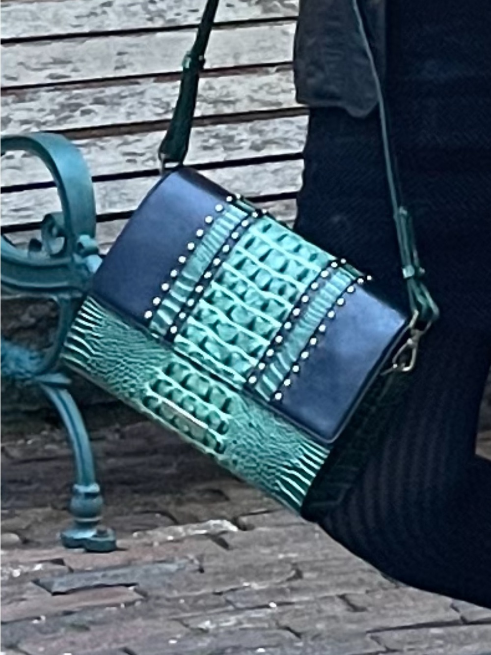 Brahmin Teal and Navy Croc-Embossed Crossbody Bag